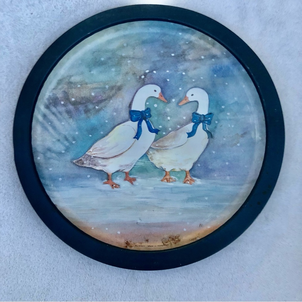 Vintage Winter Geece Goose Blue Bows Platter Round Tin